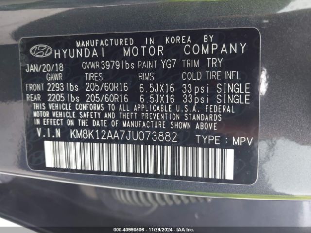 KM8K12AA7JU073882 Hyundai Kona Se