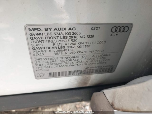 WA1A4AFY3M2072987 Audi Sq5 Premium Tfsi Quattro Tiptronic