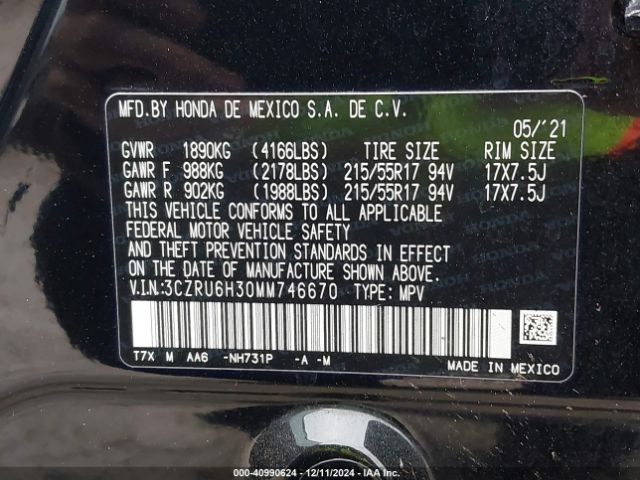 3CZRU6H30MM746670 Honda Hr-v Awd Lx