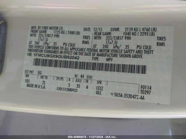 1FMCU9GX9GUB92042 Ford ESCAPE SE