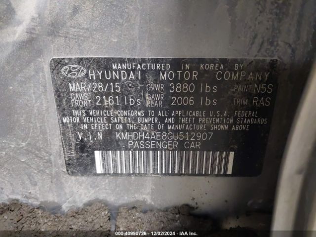 KMHDH4AE8GU512907 Hyundai ELANTRA SE