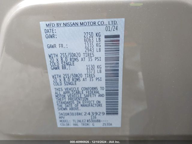 5N1DR3DJ8RC243929 Nissan Pathfinder Platinum 4wd