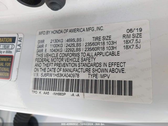 Honda CR-V EX 2019 5J6RW1H53KA040978 Image 9
