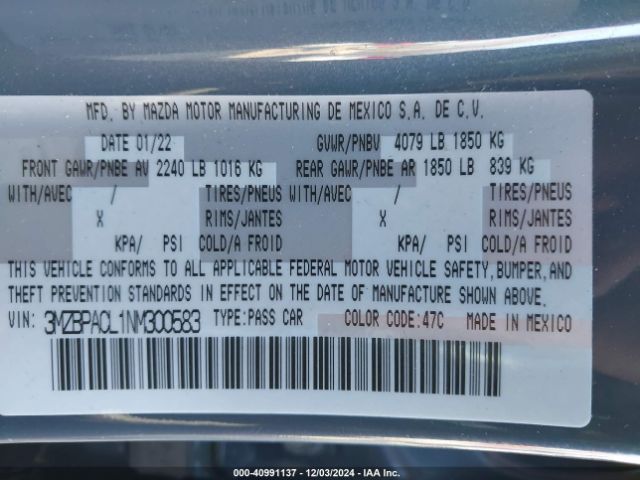3MZBPACL1NM300583 Mazda Mazda3 Carbon Edition