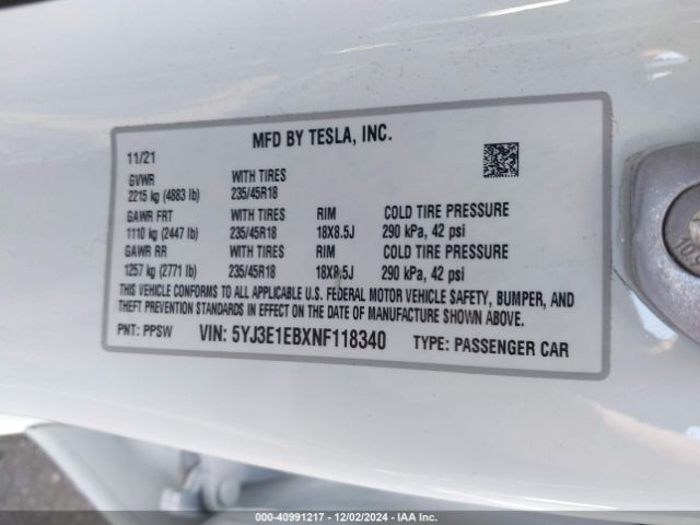 5YJ3E1EBXNF118340 Tesla Model 3 Long Range Dual Motor All-wheel Drive