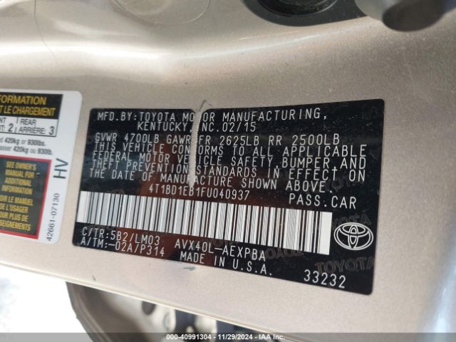 4T1BD1EB1FU040937 Toyota Avalon Hybrid Limited
