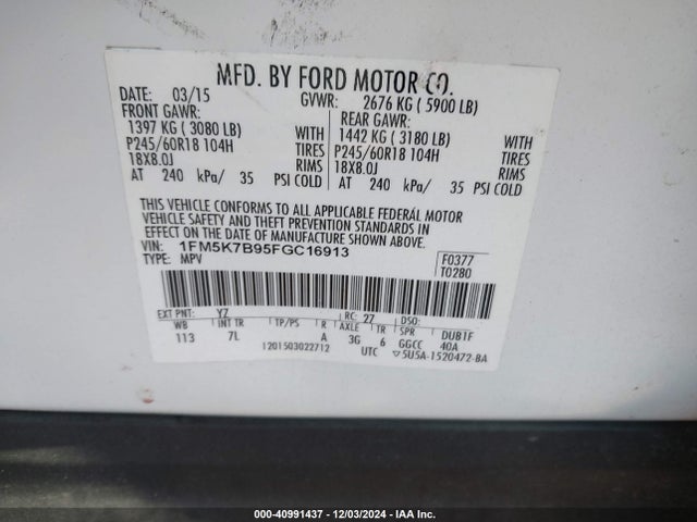 Ford Explorer 2015 1FM5K7B95FGC16913 Image 9