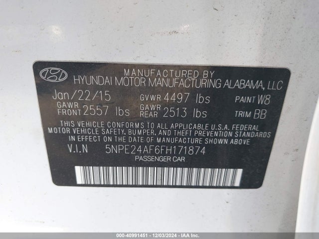 Hyundai SONATA SE 2015 5NPE24AF6FH171874 Image 9