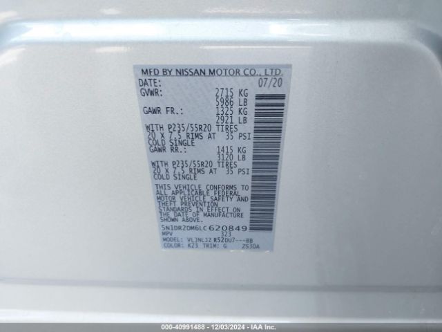 5N1DR2DM6LC620849 Nissan Pathfinder Platinum 4wd