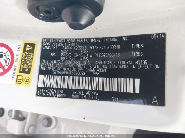 5TDKKRFH4ES026089 Toyota Highlander Xle V6