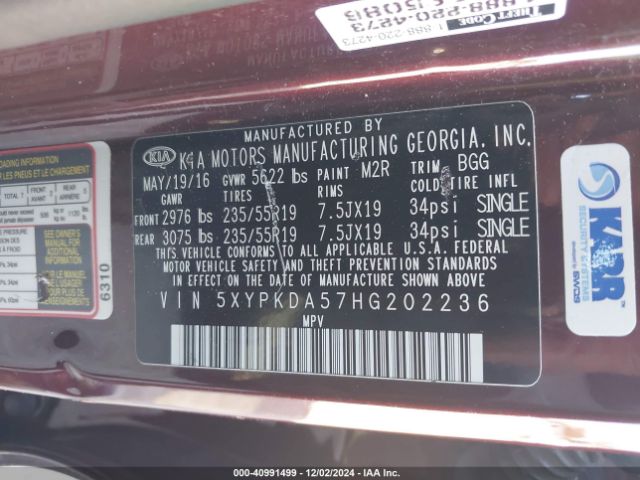 5XYPKDA57HG202236 KIA Sorento 3.3l Sx