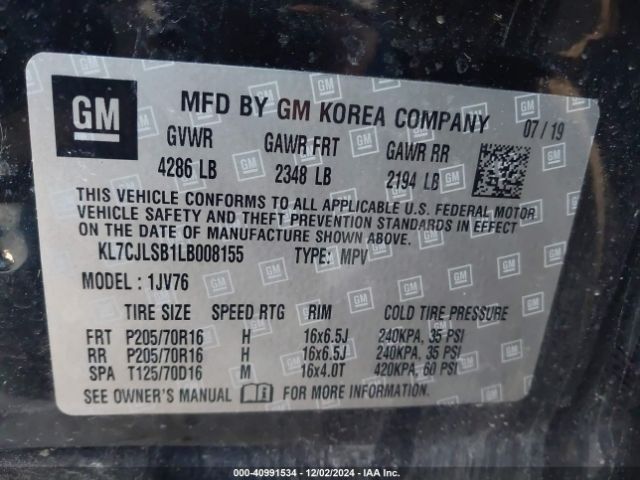 KL7CJLSB1LB008155 Chevrolet Trax Fwd Lt
