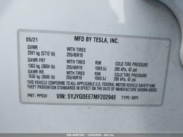 2021 TESLA MODEL Y 5YJYGDEE7MF202948 Photo 8