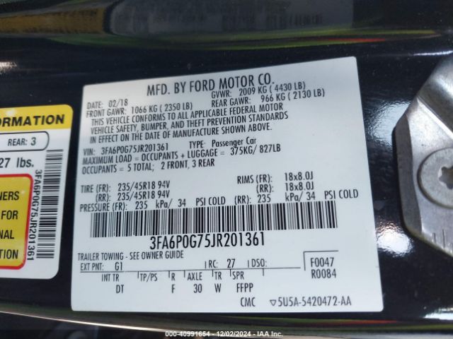 3FA6P0G75JR201361 Ford FUSION S