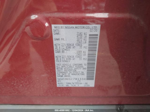 5N1AT2MV3LC781334 Nissan Rogue Sv Intelligent Awd