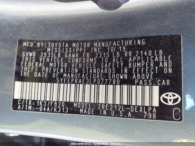 Toyota COROLLA LE 2020 5YFEPRAE3LP077780 Image 9