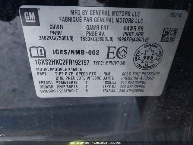 1GKS2HKC2FR192197 GMC Yukon Xl 1500 Slt