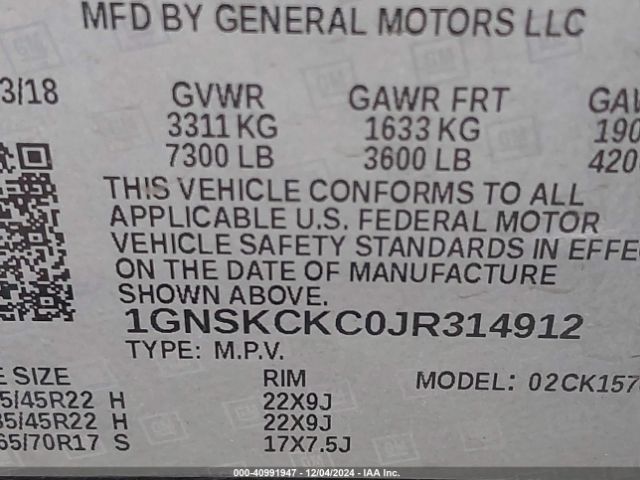 1GNSKCKC0JR314912 Chevrolet Tahoe Premier