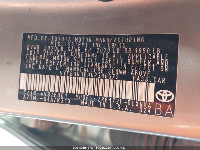 5YFBURHE9GP388573 Toyota Corolla L/le/le Pls/prm/s/s Pls
