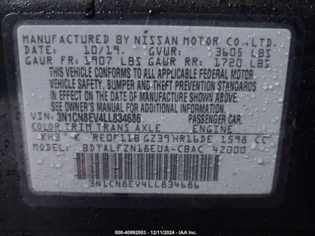 3N1CN8EV4LL834686 Nissan Versa Sv Xtronic Cvt