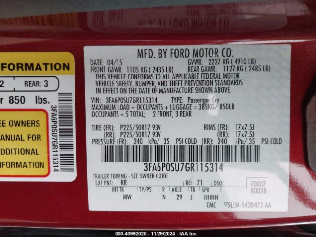 3FA6P0SU7GR115314 Ford Fusion Energi Titanium