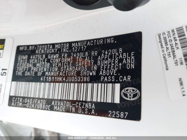 4T1B11HK4JU053386 Toyota CAMRY LE