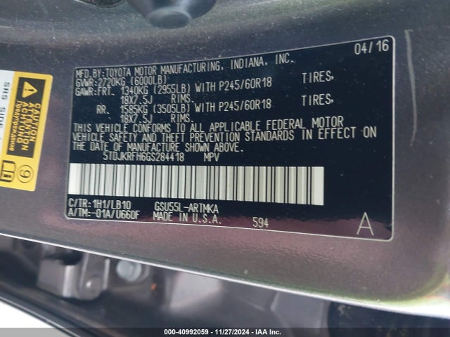 Toyota Highlander Xle V6 2016 5TDJKRFH6GS284418 Image 9