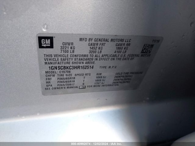 1GNSCBKC3HR162514 Chevrolet Tahoe Lt