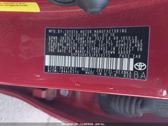 5YFBURHE0JP819213 Toyota COROLLA LE