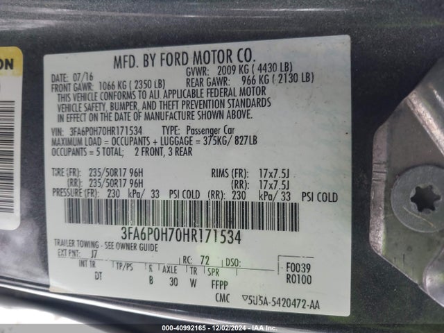 Ford FUSION SE 2017 3FA6P0H70HR171534 Image 9