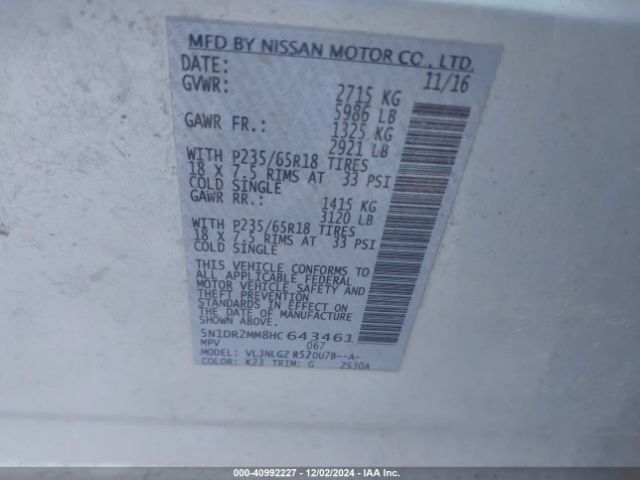 5N1DR2MM8HC643461 Nissan Pathfinder Sl