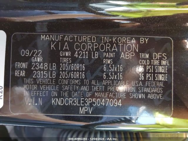 KNDCR3LE3P5047094 KIA NIRO EX