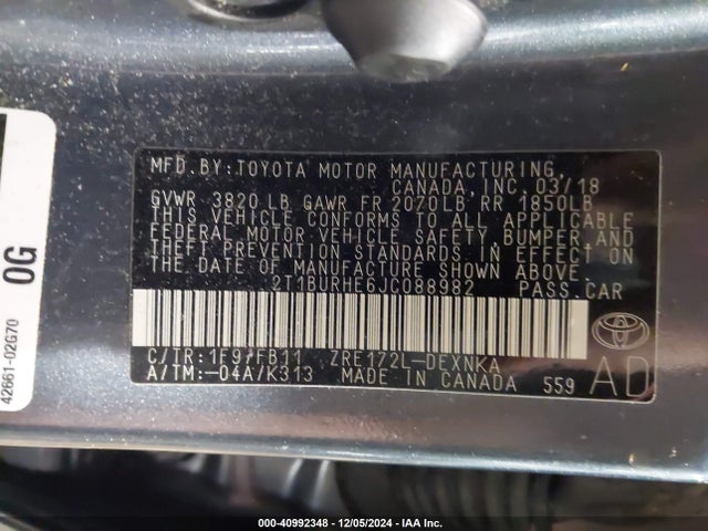 Toyota COROLLA LE 2018 2T1BURHE6JC088982 Image 9