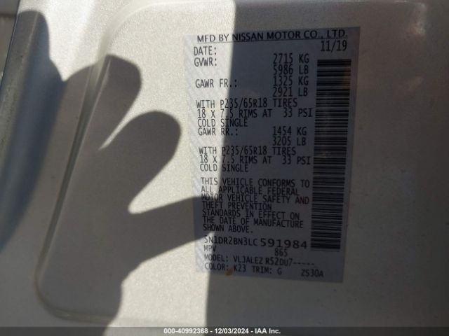 5N1DR2BN3LC591984 Nissan Pathfinder Sv 2wd