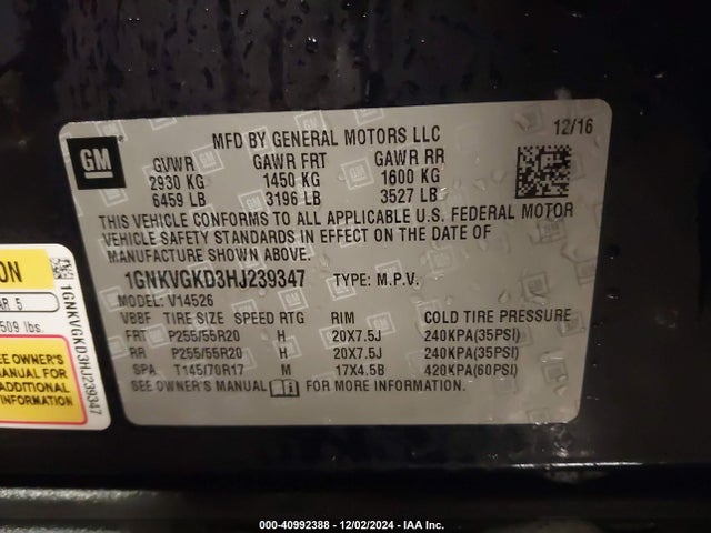 1GNKVGKD3HJ239347 Chevrolet Traverse 1lt