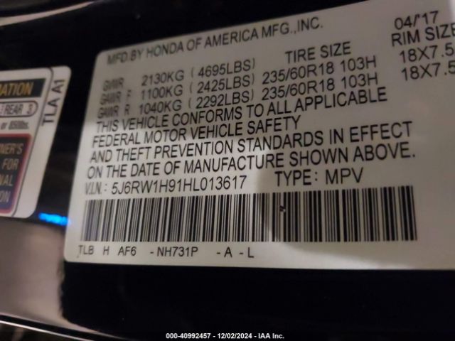 5J6RW1H91HL013617 Honda Cr-v Touring
