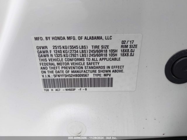 5FNYF5H52HB009567 Honda Pilot Ex-l