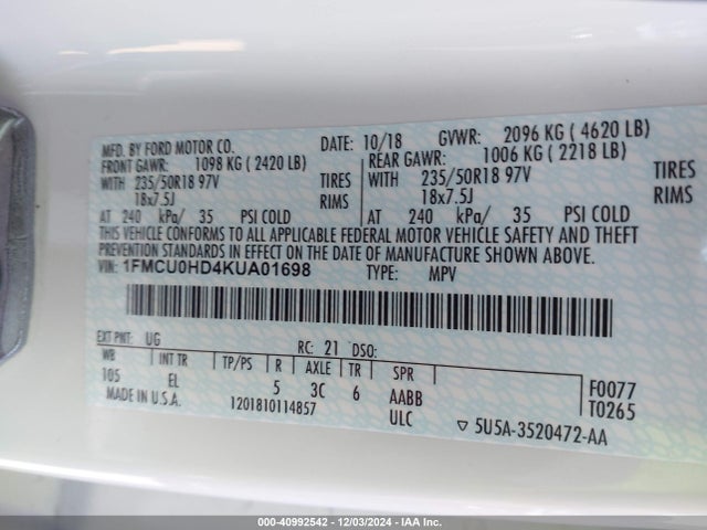 Ford ESCAPE SEL 2019 1FMCU0HD4KUA01698 Image 9