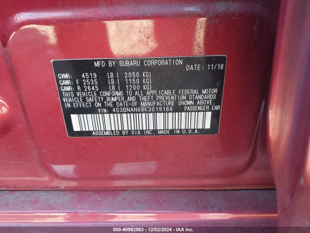4S3BNAN68K3019166 Subaru Legacy 2.5i Limited