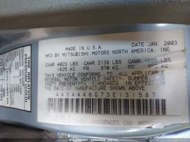 2003 MITSUBISHI GALANT 4A3AA46G73E131587 Photo 8