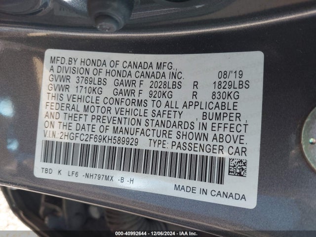 Honda Civic Lx 2019 2HGFC2F69KH589929 Image 9