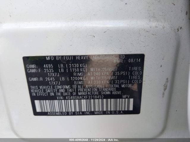 Subaru Outback 2.5i 2015 4S4BSAACXF3218452 Image 9