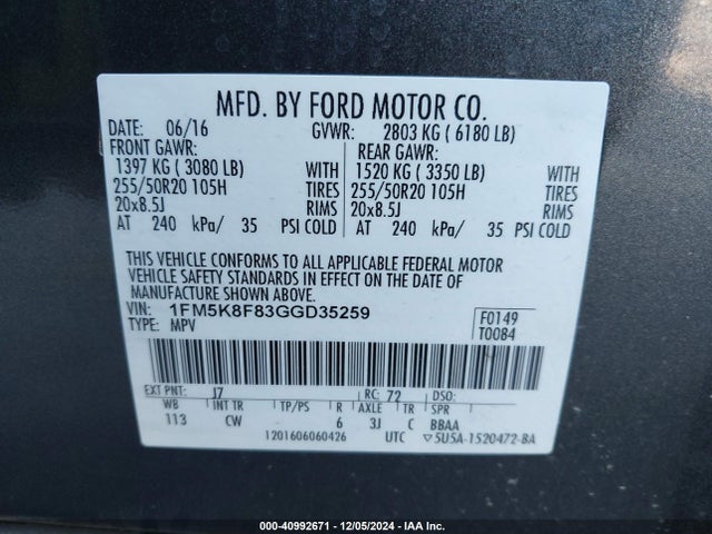 Ford Explorer Limited 2016 1FM5K8F83GGD35259 Image 9