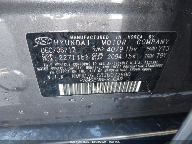 KMHC75LC8JU072680 Hyundai Ioniq Hybrid Sel