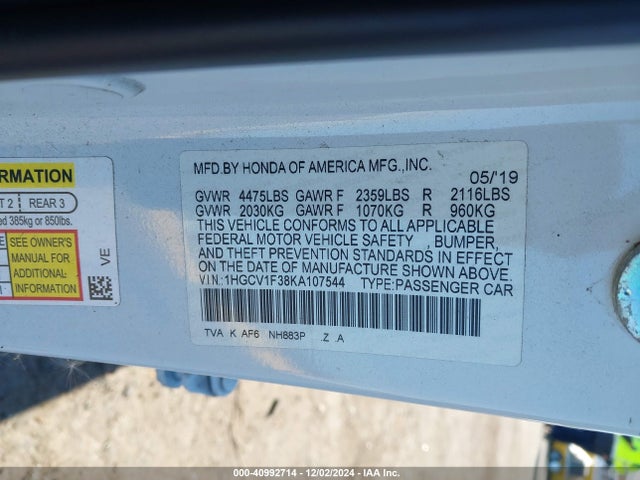 1HGCV1F38KA107544 Honda Accord Sport