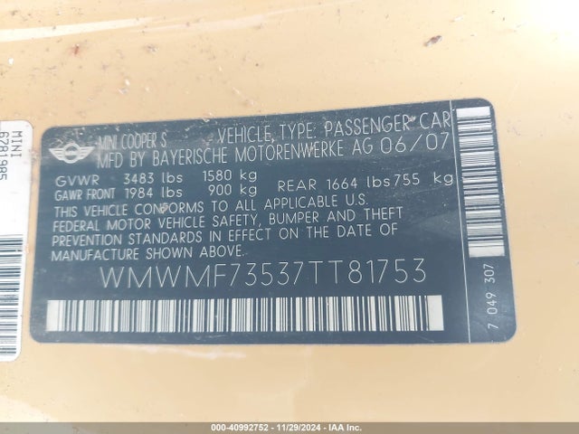 2007 MINI COOPER S WMWMF73537TT81753 Photo 8