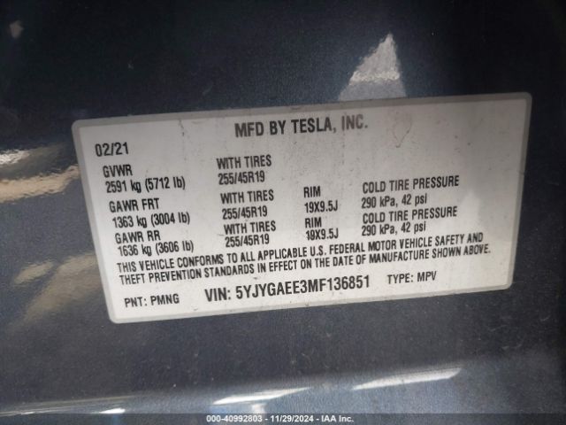 5YJYGAEE3MF136851 Tesla Model Y Long Range Dual Motor All-wheel Drive