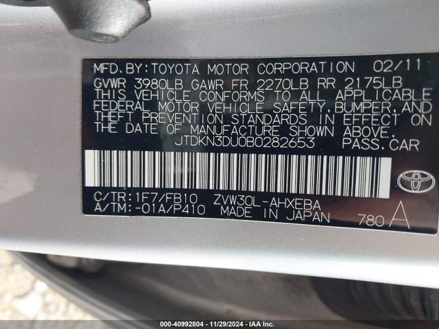 Aukcja sprzedaży 2011 Toyota Prius Two, vin: JTDKN3DU0B0282653, numer aukcji: 40992804
