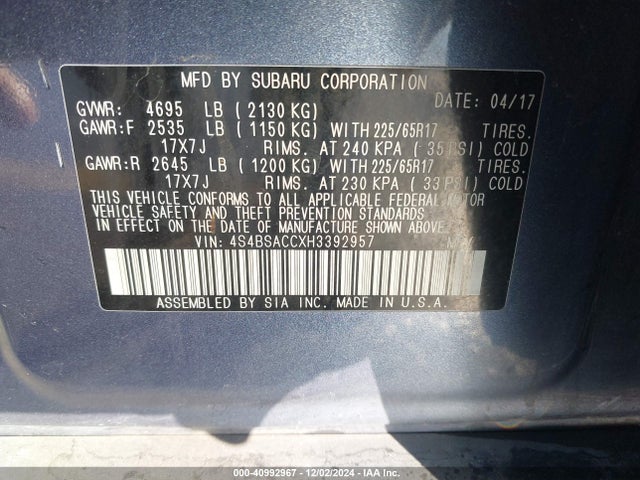 Subaru Outback 2.5i Premium 2017 4S4BSACCXH3392957 Image 9