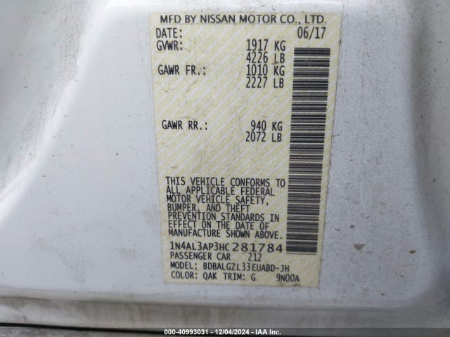 Nissan Altima 2.5 S 2017 1N4AL3AP3HC281784 Image 9